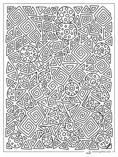 Intricate doodle pattern of nested triangles, spiral squares, and dotted circles for coloring