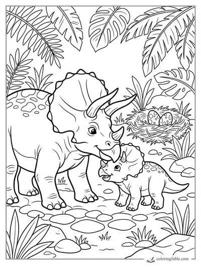 Adult and baby triceratops nuzzle beside a nest of spotted eggs under jungle leaves.