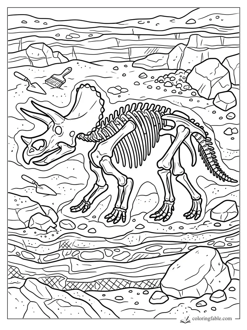 Triceratops skeleton fossil at a dig site with brushes, trowels, rocks, and layered canyon walls