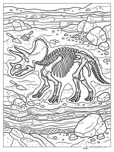 Triceratops skeleton fossil at a dig site with brushes, trowels, rocks, and layered canyon walls