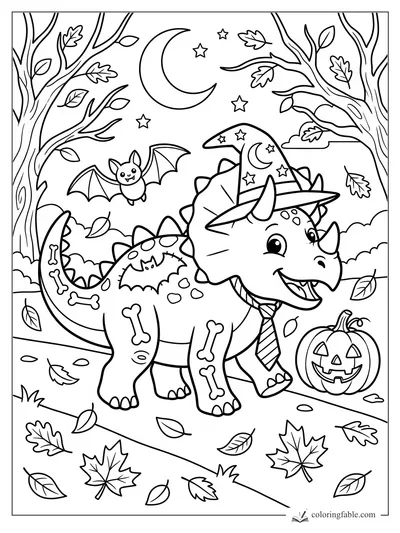 Smiling triceratops in a starry wizard hat with bat wings, jack-o'-lantern, moon, trees, and falling leaves.