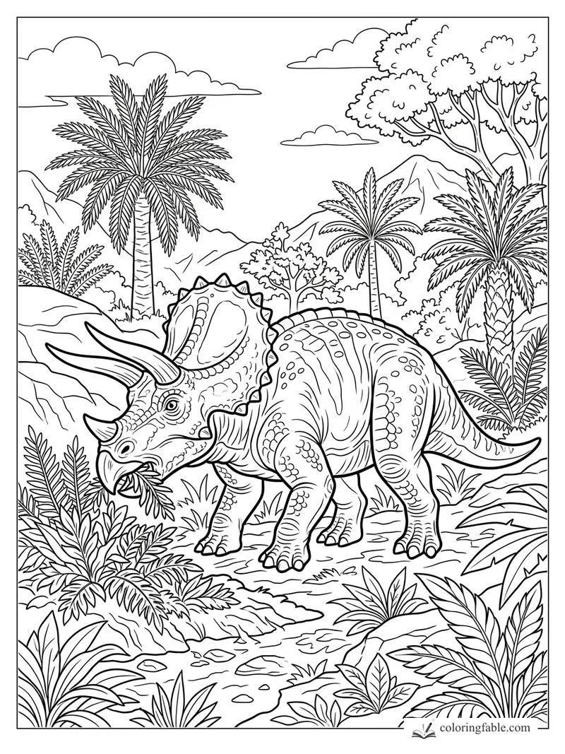 Realistic triceratops eating ferns among palms, rocks, mountains, and layered jungle plants
