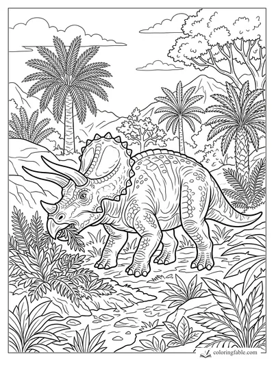 Realistic triceratops eating ferns among palms, rocks, mountains, and layered jungle plants