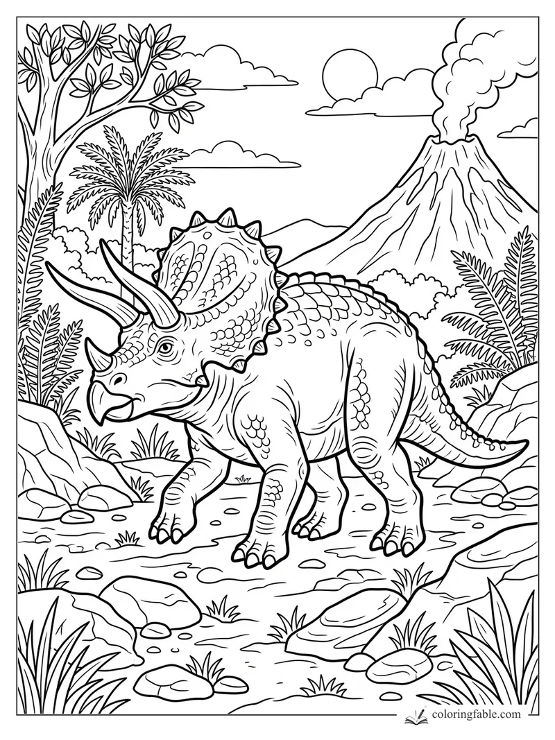Triceratops walking past ferns and rocks with a smoking volcano, sun, clouds, and palms behind it.