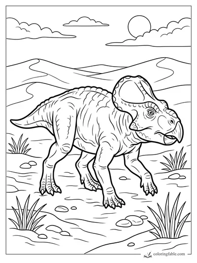 Triceratops walking past desert grasses, rocks, rolling hills, clouds, and a low sun
