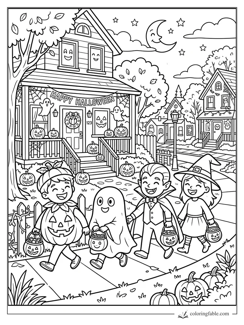 Kids in pumpkin, ghost, vampire, and witch costumes trick-or-treat past a decorated Halloween house.