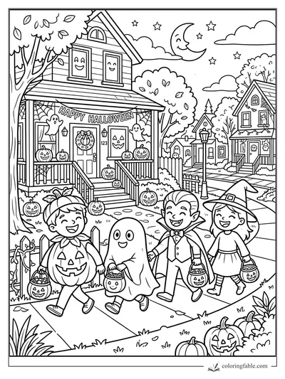 Kids in pumpkin, ghost, vampire, and witch costumes trick-or-treat past a decorated Halloween house.