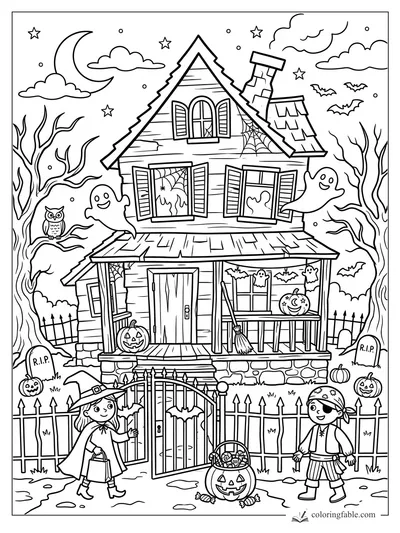Cartoon haunted house with ghosts, bats, pumpkins, owl, and two trick-or-treaters at an open gate