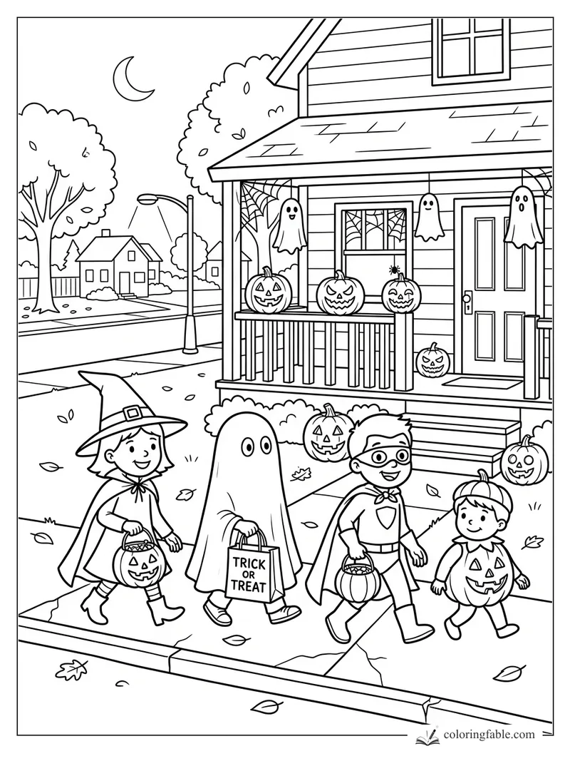 Cartoon kids trick-or-treating past a porch with ghosts, jack-o'-lanterns, spiderwebs, and a crescent moon.