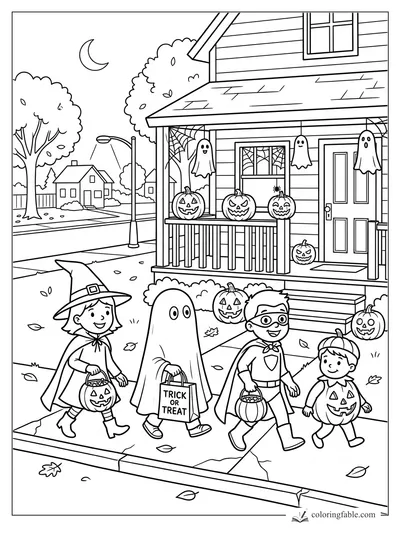 Cartoon kids trick-or-treating past a porch with ghosts, jack-o'-lanterns, spiderwebs, and a crescent moon.