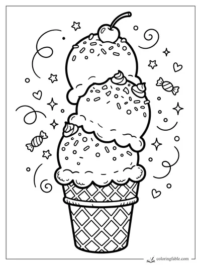 Cartoon triple-scoop ice cream cone with sprinkles, cherry, candy, stars, hearts, and swirls.