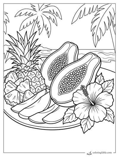 Tropical fruit coloring page with papaya halves, pineapple, bananas, hibiscus, palms, and ocean waves.
