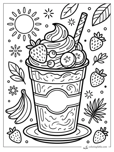 Cartoon tropical smoothie cup with whipped topping, striped straw, strawberries, banana bunch, sun, and leaves.