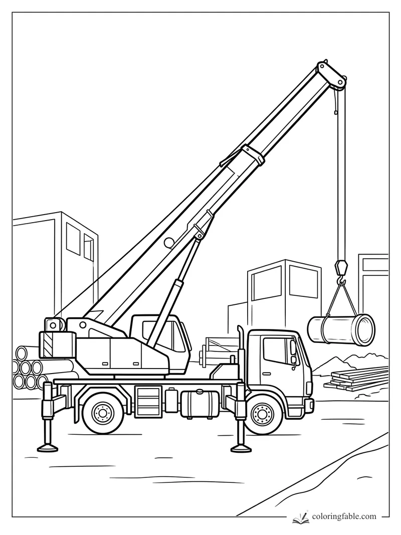 Truck crane with outriggers lifting a large pipe at a construction site