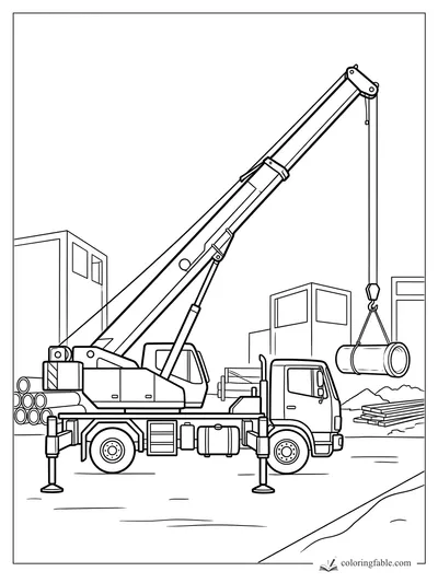 Truck crane with outriggers lifting a large pipe at a construction site