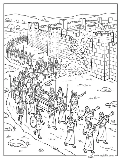 Israelites carry the Ark and blow trumpets as Jericho’s wall breaks apart in dust and falling stones.