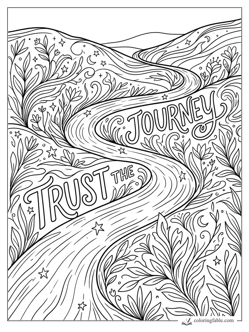 Intricate affirmation coloring page with “Trust the Journey,” a winding path, leaves, stars, moons, and hills.