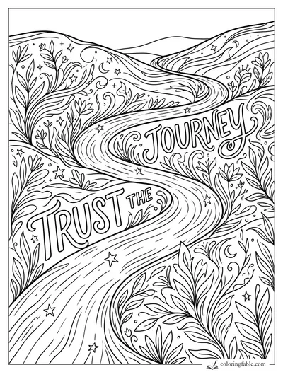 Intricate affirmation coloring page with “Trust the Journey,” a winding path, leaves, stars, moons, and hills.