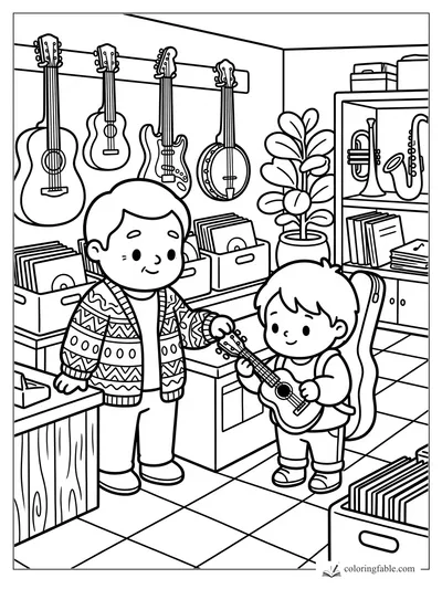 Child tries a small guitar in a cozy record shop with hanging guitars, crates of records, horns, and a plant.
