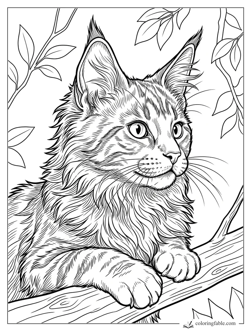 Intricate engraving-style kitten with tufted ears perched on a leafy tree branch.
