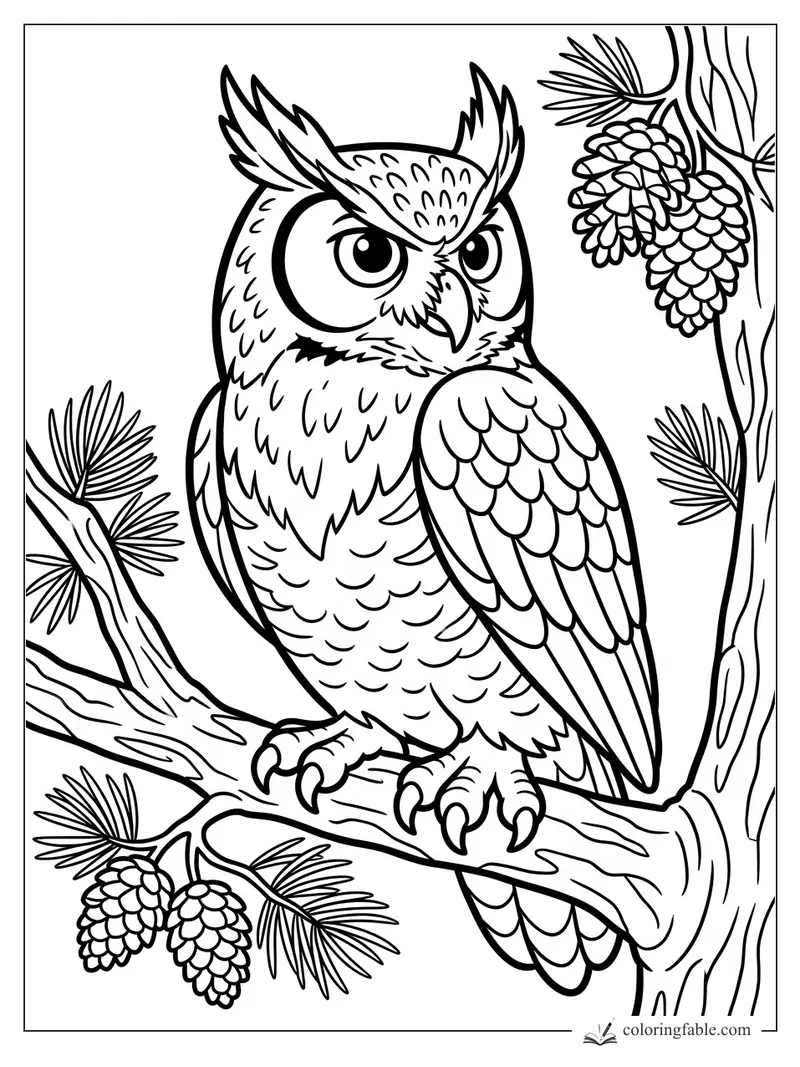 Cartoon horned owl perched on a pine branch with needles, cones, layered feathers, and wide watchful eyes.