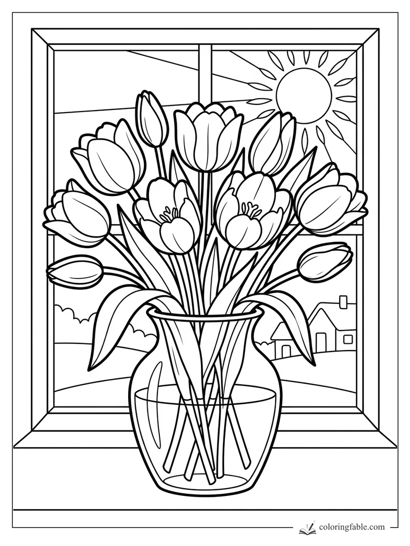 Tulip bouquet in a glass vase by a sunny window with hills and a small house outside