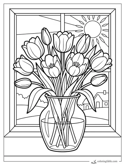 Tulip bouquet in a glass vase by a sunny window with hills and a small house outside