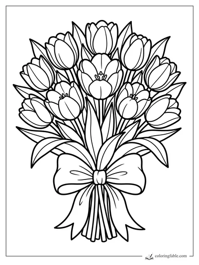 Coloring page of a full tulip bouquet with long leaves, clustered blooms, and a large ribbon bow.