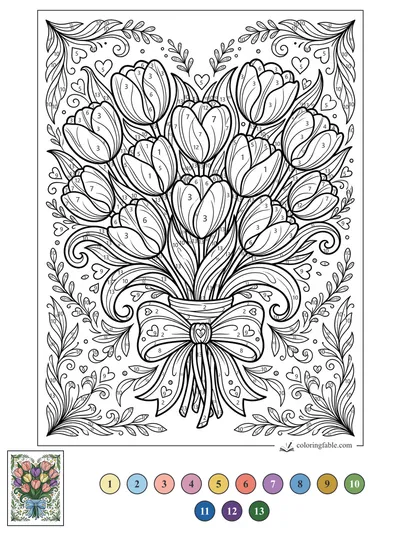 Tulip Bouquet with Bow and Heart Flourishes — color by number