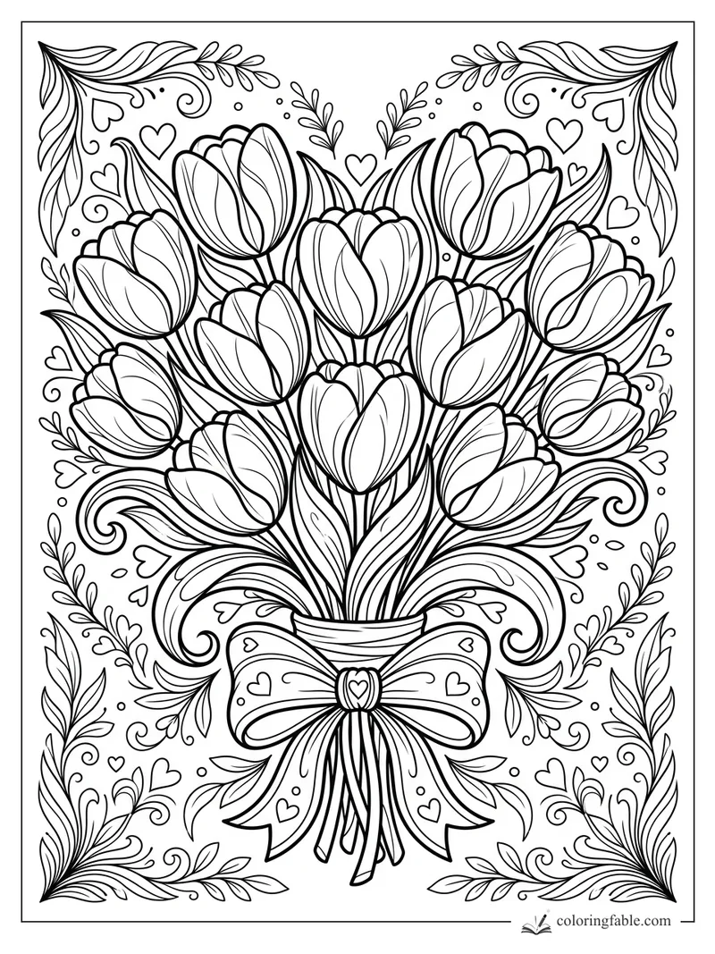 Tulip bouquet coloring page with ribbon bow, leafy corners, swirls, dots, and small hearts