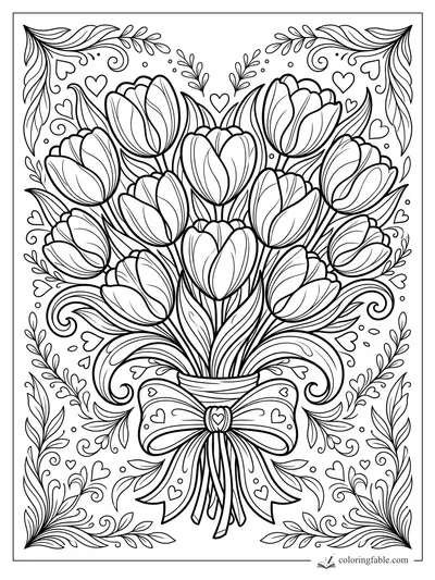 Tulip bouquet coloring page with ribbon bow, leafy corners, swirls, dots, and small hearts