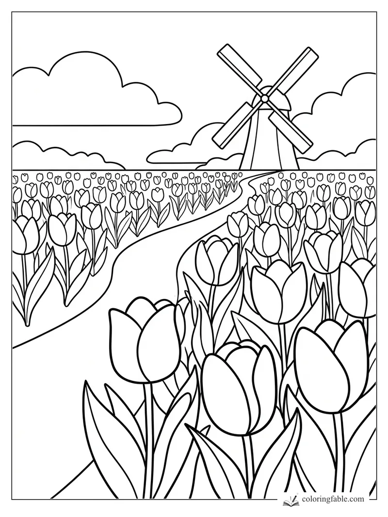 Bold tulip field coloring page with a winding path, tall windmill, and puffy clouds.