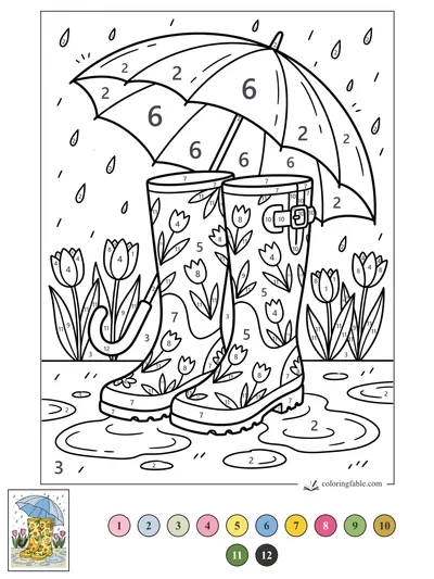Tulip Rain Boots Under an Umbrella — color by number