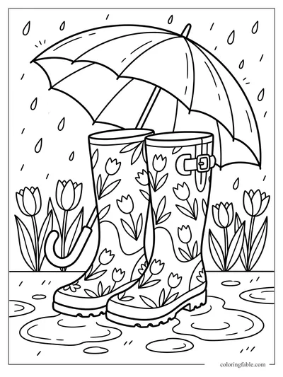 Floral rain boots under an open umbrella with raindrops, tulips, and puddles for spring coloring.