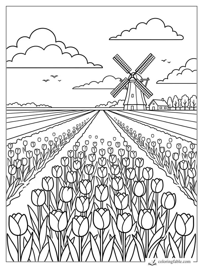 Tulip field coloring page with long flower rows, a Dutch windmill, clouds, birds, and a small farmhouse.