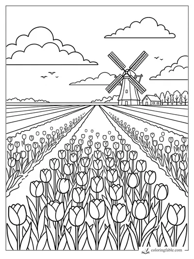 Tulip field coloring page with long flower rows, a Dutch windmill, clouds, birds, and a small farmhouse.