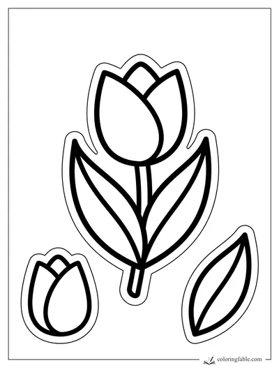 Easy tulip sticker coloring page with a tall bloom, two leaves, small bud, and separate leaf.