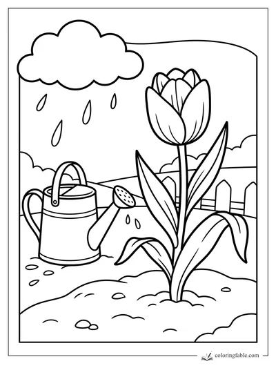 Cartoon tulip in a garden with a watering can, raindrops, fence, leaves, and cloud