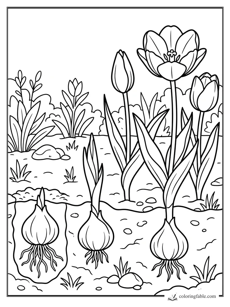 Tulips with open blooms, buds, long leaves, bulbs, roots, rocks, and garden soil underground