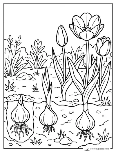Tulips with open blooms, buds, long leaves, bulbs, roots, rocks, and garden soil underground