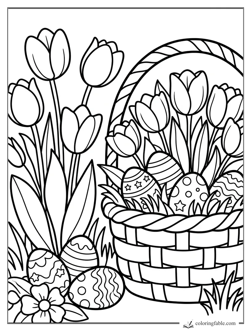 Cartoon tulips and patterned Easter eggs in a woven basket with tall leaves and grass