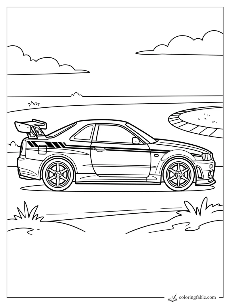 Side-view sport car with rear wing, racing stripes, rims, clouds, grass, and a curved track ahead