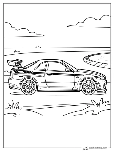 Side-view sport car with rear wing, racing stripes, rims, clouds, grass, and a curved track ahead