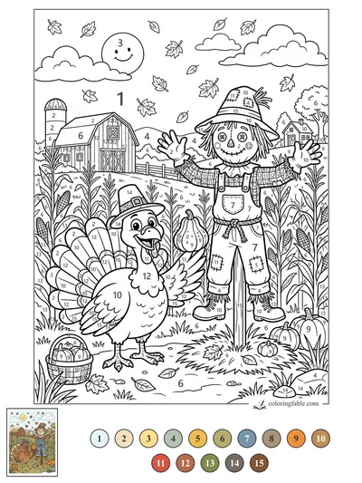 Turkey and Scarecrow in the Cornfield — color by number