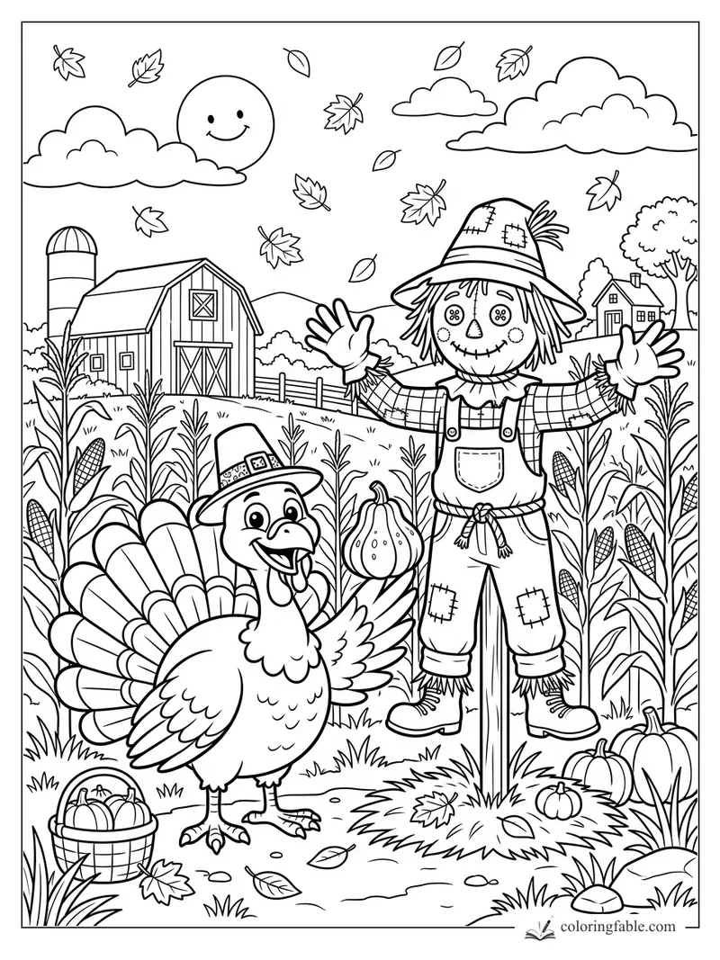 Cartoon turkey in a pilgrim hat beside a waving scarecrow, corn stalks, pumpkins, barn, and falling leaves