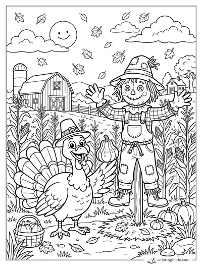 Cartoon turkey in a pilgrim hat beside a waving scarecrow, corn stalks, pumpkins, barn, and falling leaves