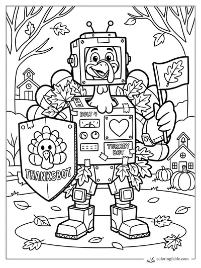 Cartoon turkey robot holding a Thanksbot shield in a fall village with leaves, pumpkins, and a leaf flag
