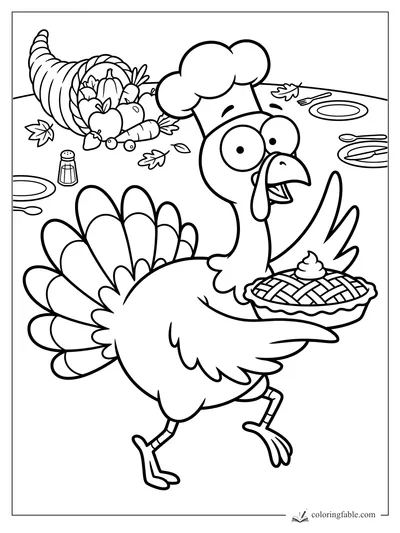 Cartoon turkey in a chef hat carrying a lattice pie past a cornucopia on a Thanksgiving table