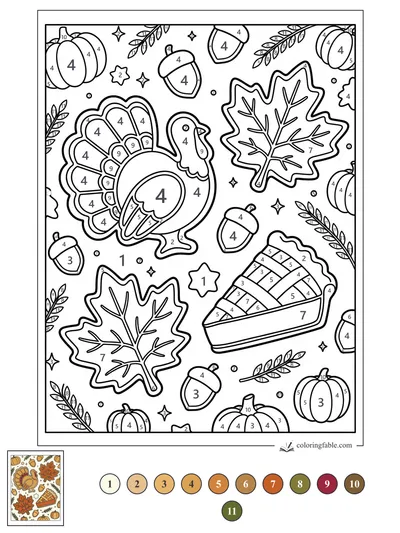 Turkey Cookie with Maple Leaves and Pumpkin Pie — color by number