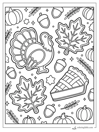 Turkey cookie coloring page with maple leaves, acorns, pumpkins, pie slice, sprigs, and tiny stars.